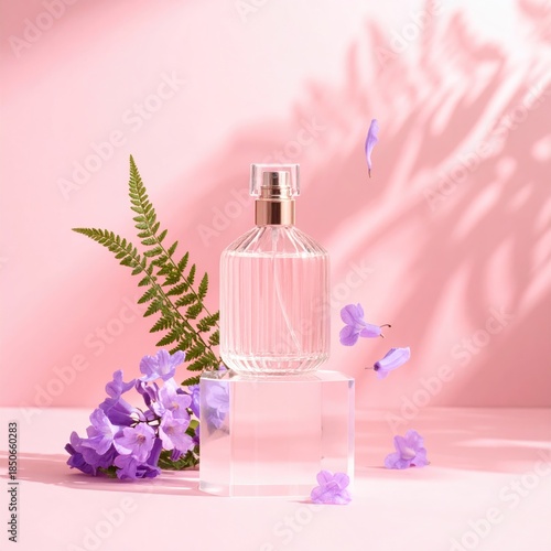 Clear glass perfume bottle,  pastel pink backdrop,  floral accents