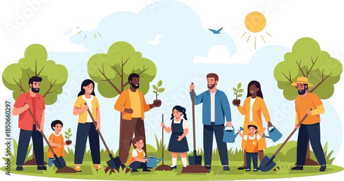 People Gardening Together and Planting Trees for Environmental Awareness Illustration