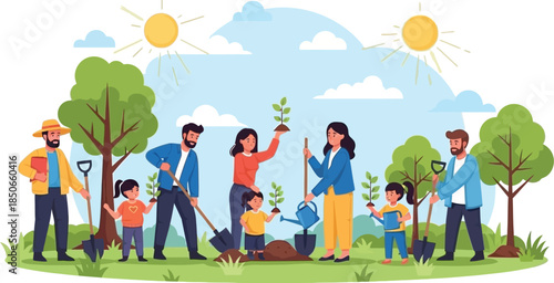 Community Tree Planting Activity with People Working Together for Environmental Conservation Illustration