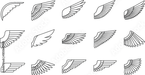 Set of 15 wing vector icons featuring various feathered designs for bird angel and heraldic flight symbols in minimalist black line art style