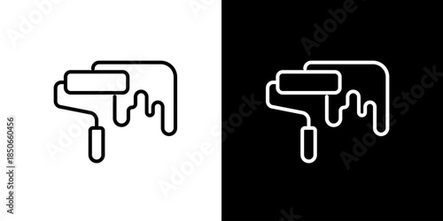 Stylish outline vector icon of a paint roller with dripping paint, presented in black and white versions, perfect for renovation, home improvement, and creative art projects