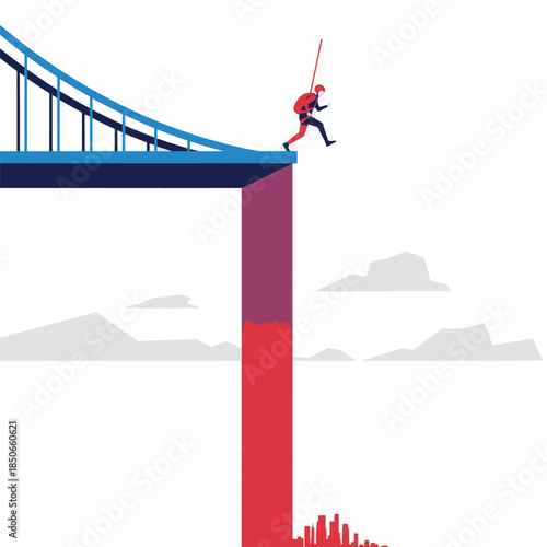 Man on a damaged bridge symbolizing a precarious journey