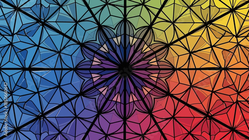 Vibrant geometric pattern with colorful floral design elements