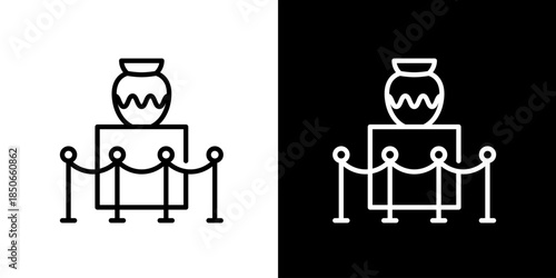 Museum Exhibit Icon Featuring an Ancient Pottery Jar on a Pedestal with Ropes, Representing History and Cultural Heritage in a Linear Style