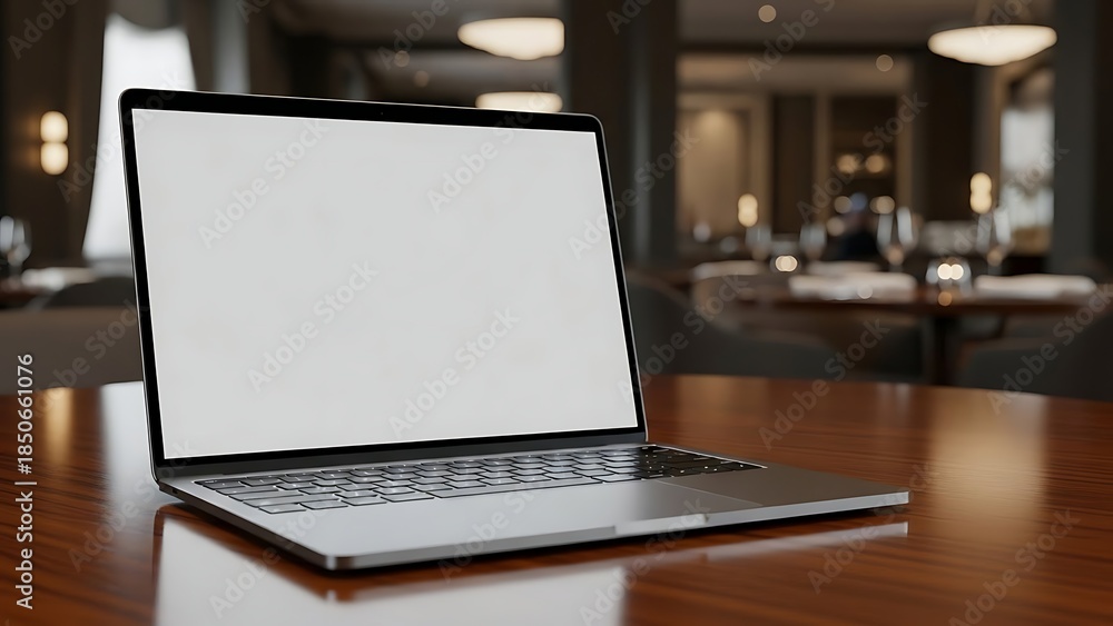 Fototapeta premium Modern Laptop Open on a Wooden Table in a Cozy Restaurant Setting.