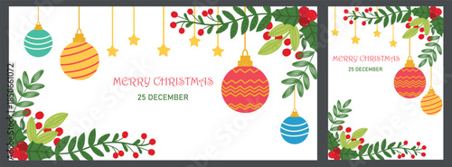 Merry Christmas banner and greeting card set with hanging ornament, golden star, festive greenery and berries. Clean modern holiday vector perfect for invitation, poster, branding and seasonal design.