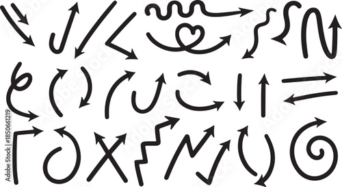 Set of cute pen line doodle element vector. Hand drawn doodle collection of heart, arrows, scribble, speech bubble, star. Design for print, cartoon, card, decoration, sticker line art black and white 