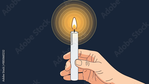 Hand holding a lit white candle with warm glowing light