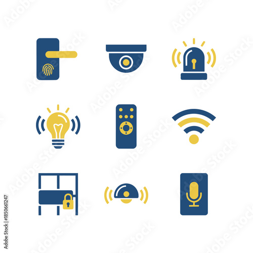 Smart home security and automation system icons featuring fingerprint door lock, surveillance camera, siren alarm, smart bulb, remote control and voice assistant for modern household technology