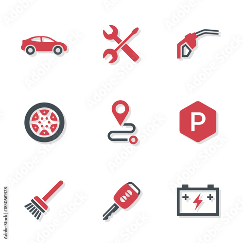 Automotive service and car maintenance icons featuring vehicle, repair tools, fuel pump, wheel, location, parking, car key and battery for auto repair shop and transportation mobile app interface