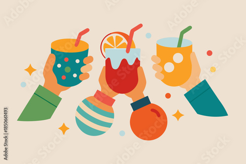 Hands with Colorful Holiday Drinks Fun Christmas Vector
