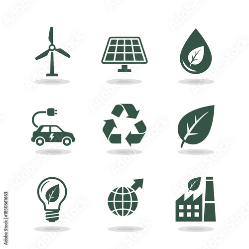 Green Energy and Environmental Conservation Icon Set With Wind Turbine Solar Panel Eco Car Recycle Symbol Leaf Lightbulb and Sustainable Factory Icons