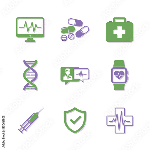 Medical and Healthcare Flat Line Icon Set Featuring Heart Rate Monitor Pills First Aid Kit DNA Helix Online Doctor Smartwatch Syringe and Shield