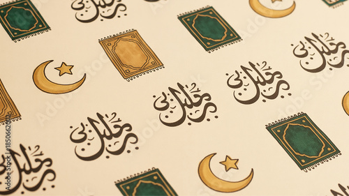 Seamless pattern of Islamic calligraphy crescent moon and prayer mats a decorative background for Ramadan and Eid celebrations vector illustration