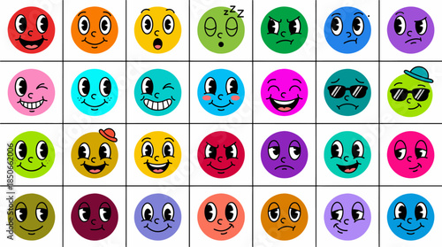 Large vector collection of colorful retro cartoon smiley face emoticons with vintage rubber hose style eyes and various expressions for fun character design, stickers, and nostalgic graphic projects.