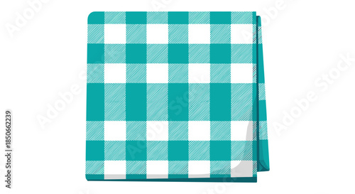 teal gingham tablecloth folded on white background classic checkered fabric pattern for kitchen decor dining layout and restaurant menu design