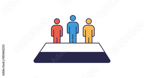 team leadership concept illustration with three diverse figures standing together on a platform symbolizing collaboration and hr management