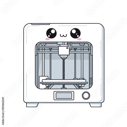Cute cartoon 3D printer with smiling face and open front panel on white background aw-17