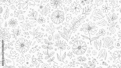 Hand Drawn Floral Pattern Black and White Sketch.