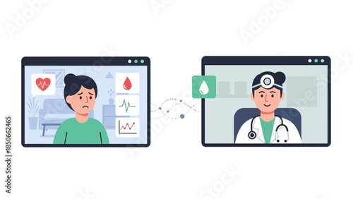 A patient and doctor interacting through digital screens with health data displayed