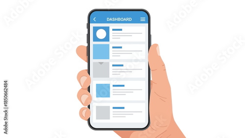 A hand holding a smartphone displaying a template design interface with various layout options and a blue header