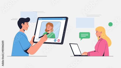 Two people communicating remotely through a digital device and laptop in a modern setting