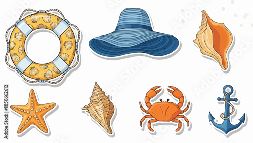 Collection of Beach and Ocean Themed Objects for Summer Vacation.