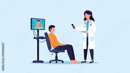 A doctor interacting with a patient remotely via video conferencing on a digital screen