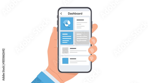 Hand holding a smartphone displaying a dashboard interface with various graphical elements.