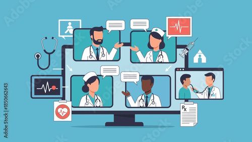 Medical professionals engaging in a virtual conference on a computer screen displaying multiple video call participants