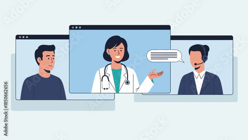 Doctor consulting with patients remotely through video conferencing on computer screens