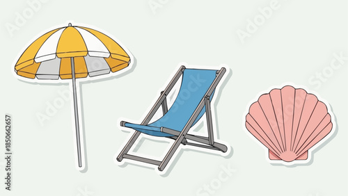Beach Umbrella Deck Chair and Seashell Illustration.