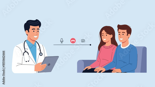 Doctor consulting couple on digital device in a calm environment