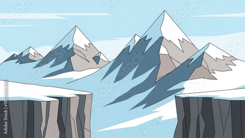 Snowy mountain range landscape with rugged peaks and slopes in black and white illustration