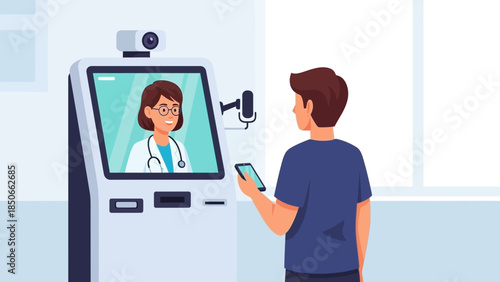 Man interacts with digital health kiosk featuring doctor on screen in modern medical facility