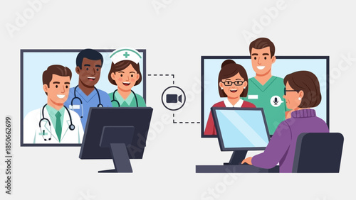Medical professionals collaborating remotely through video conferencing on computer screens