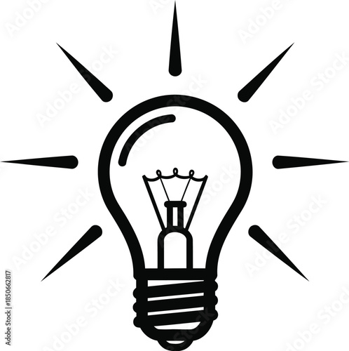 Simple black and white illustration of glowing light bulb symbolizing idea innovation inspiration and creativity concept