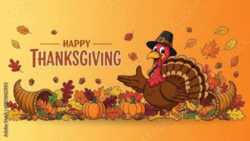 Colorful Cartoon Turkey Wearing Pilgrim Hat Celebrates Happy Thanksgiving with Autumn Leaves and Pumpkins