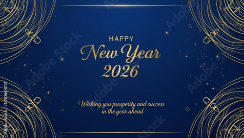Happy New Year 2026 greeting card elegant gold art deco design with blue background wishing prosperity and success