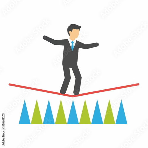Business executive walking a tightrope over sharp obstacles, representing career risk, financial danger, corporate challenge, and careful balance decisions