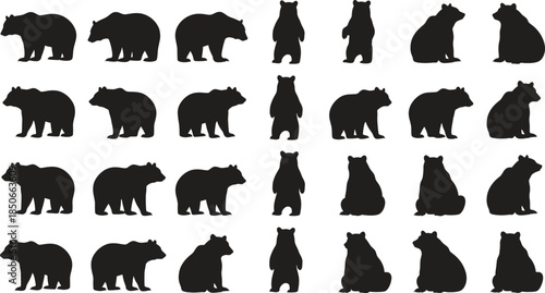 A collection of different bear silhouettes in various poses including walking, standing, and sitting
