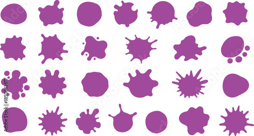 A large collection of purple inkblot shapes and paint splatters on a clean white background