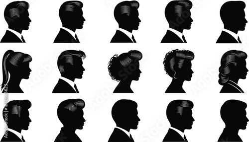 Collection of black and white silhouettes depicting diverse vintage hairstyles for men and women