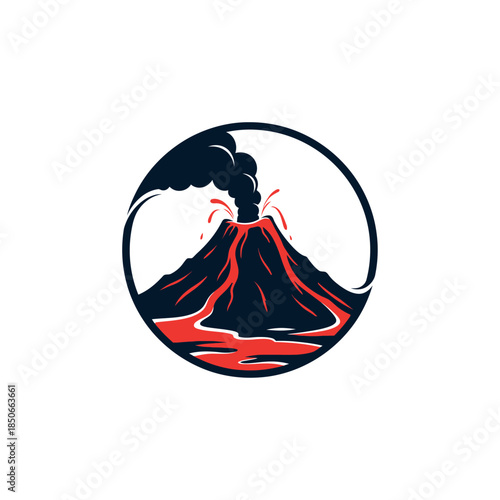 Erupting volcano emits smoke and lava flows in a circular graphic illustration.