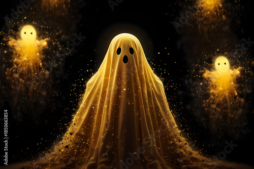 Yellow ghost glowing dust particles in dark Background 