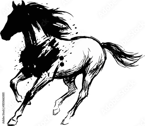Dynamic Galloping Horse Silhouette in Traditional Asian Ink Brush Stroke Style - Black and White Vector Illustration