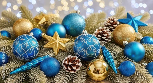 Festive christmas ornaments on evergreen branches