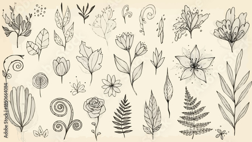 Collection of Hand-Drawn Botanical Illustrations and Floral Elements.