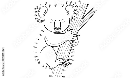 Koala climbing a tree dot to dot puzzle game and coloring activity for kids