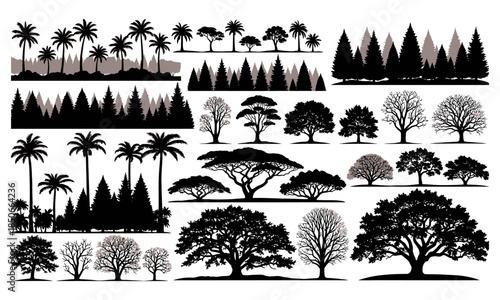 Mega collection of forest and tropical tree silhouettes for landscape design